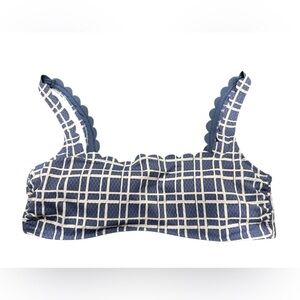 Aerie Scoop scalloped trim blue and white grid pattern bikini top Size XL